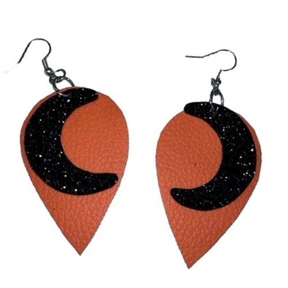 Orange Crescent Moon Glitter Dangle Earrings Halloween Sparkle